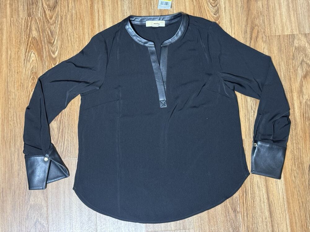Michael Kors Black Blouse Faux Leather Neckline & Button Cuffs - Women's M